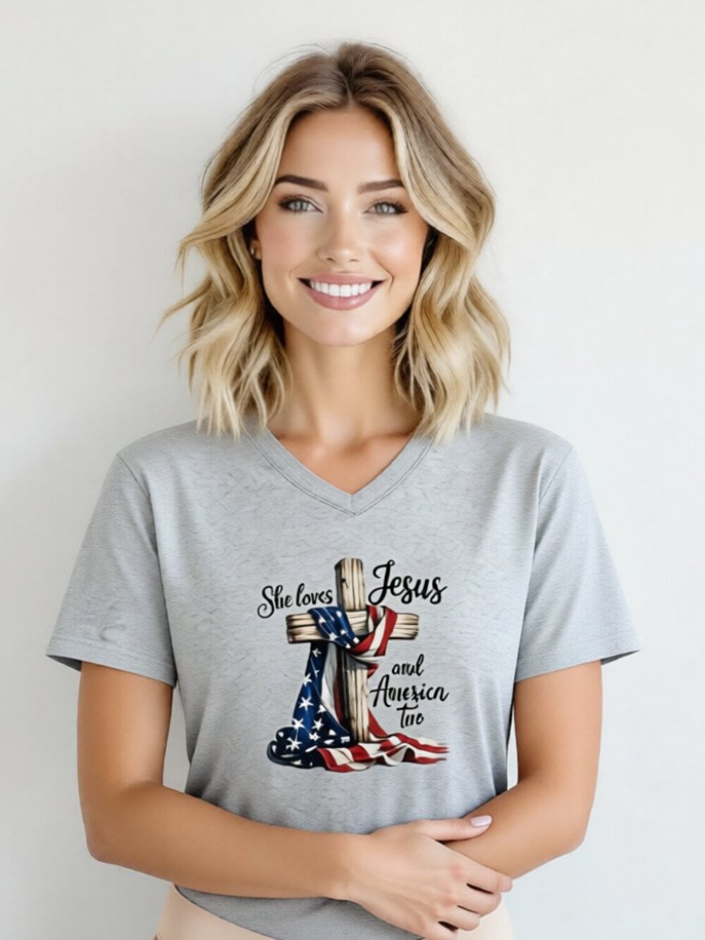 NWOT HEATHER GREY POLY BLEND V-NECK USA FLAG CROSS FAITH JESUS T-SHIRT MEDIUM